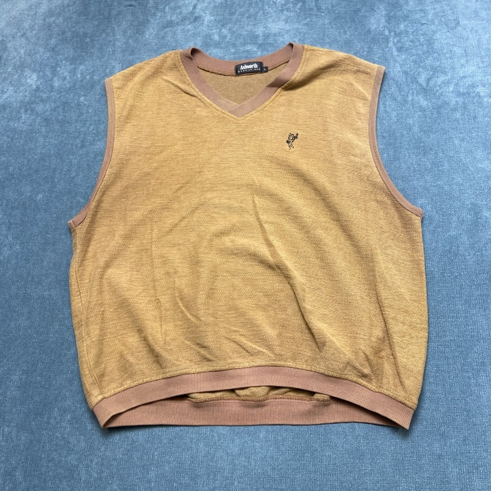 Ashworth Sweater Vest Mens Large Brown V Neck Ribbed Hem Sleeveless Winter Wear